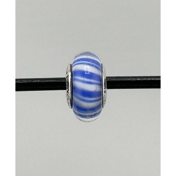 PANDORA " Blue Candy Stripes" #790611 Blue Murano Glass SS Bead Retired - Picture 1 of 3